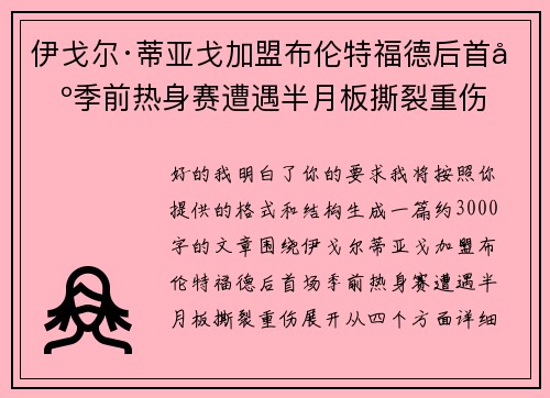 伊戈尔·蒂亚戈加盟布伦特福德后首场季前热身赛遭遇半月板撕裂重伤