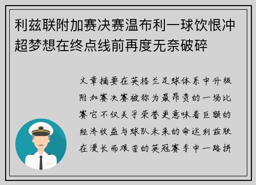 利兹联附加赛决赛温布利一球饮恨冲超梦想在终点线前再度无奈破碎 利兹联附加赛决赛温布利一球饮恨冲超梦想在终点线前再度无奈破碎